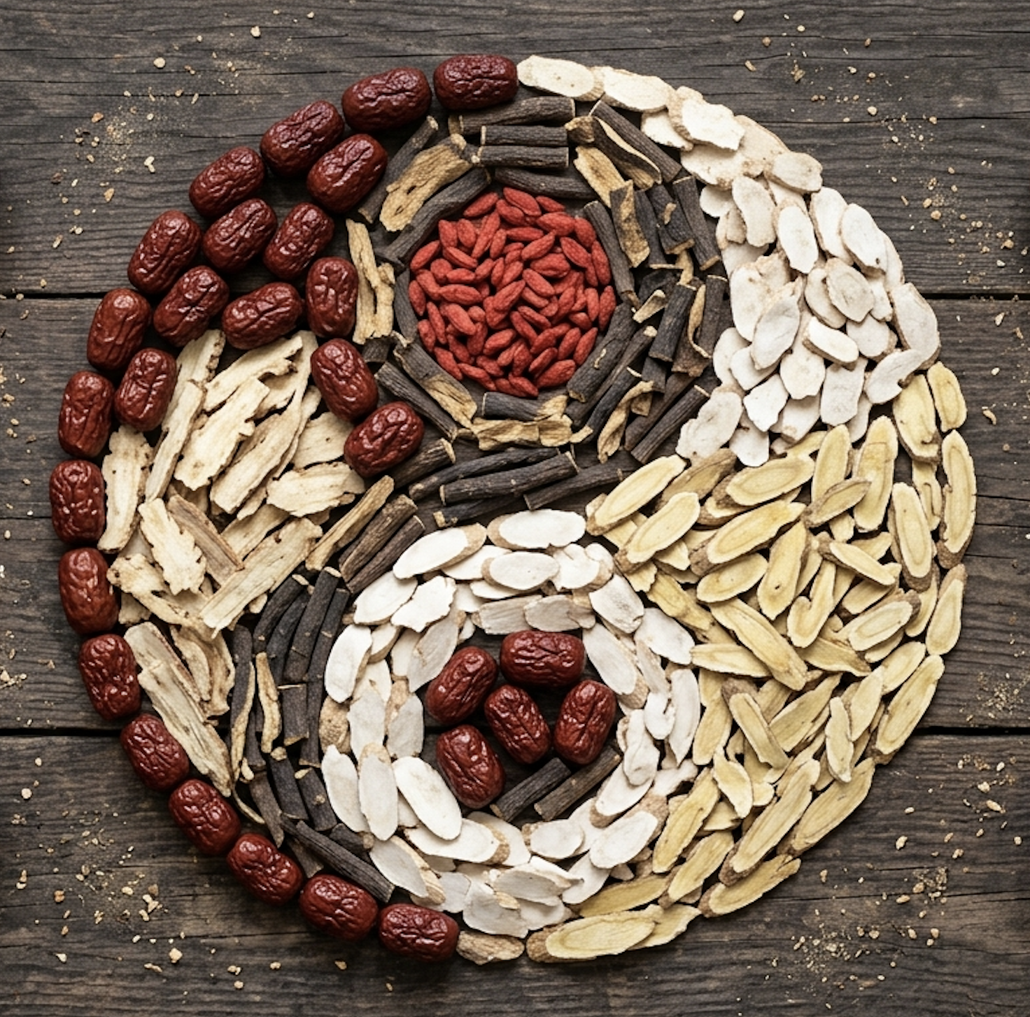 Chinese herbs — roots, goji berries, bark and seeds — arranged in a beautiful yin-yang pattern